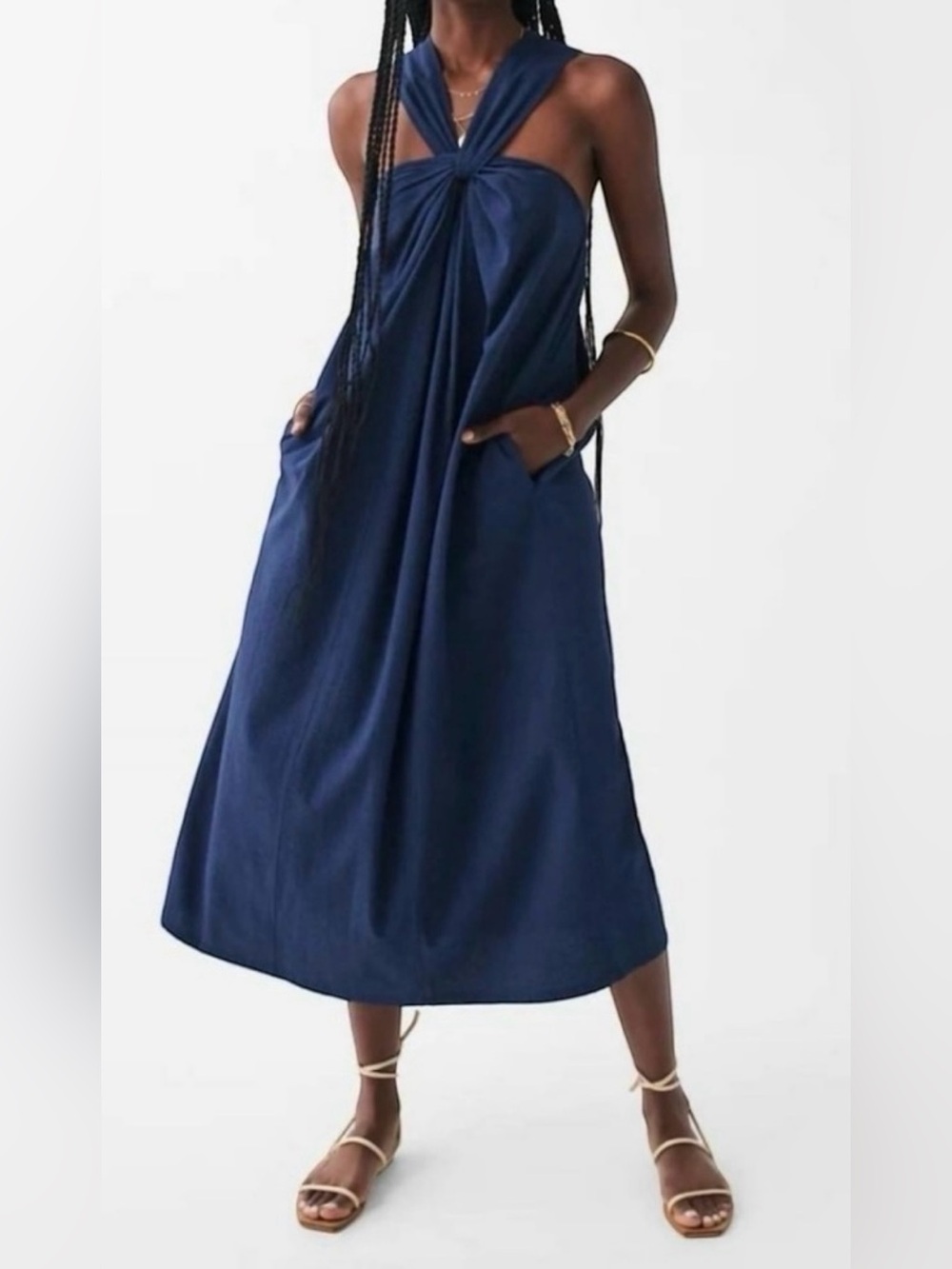 Faherty Bay Twist Seersucker Halter Midi Dress Size Medium Navy Blue